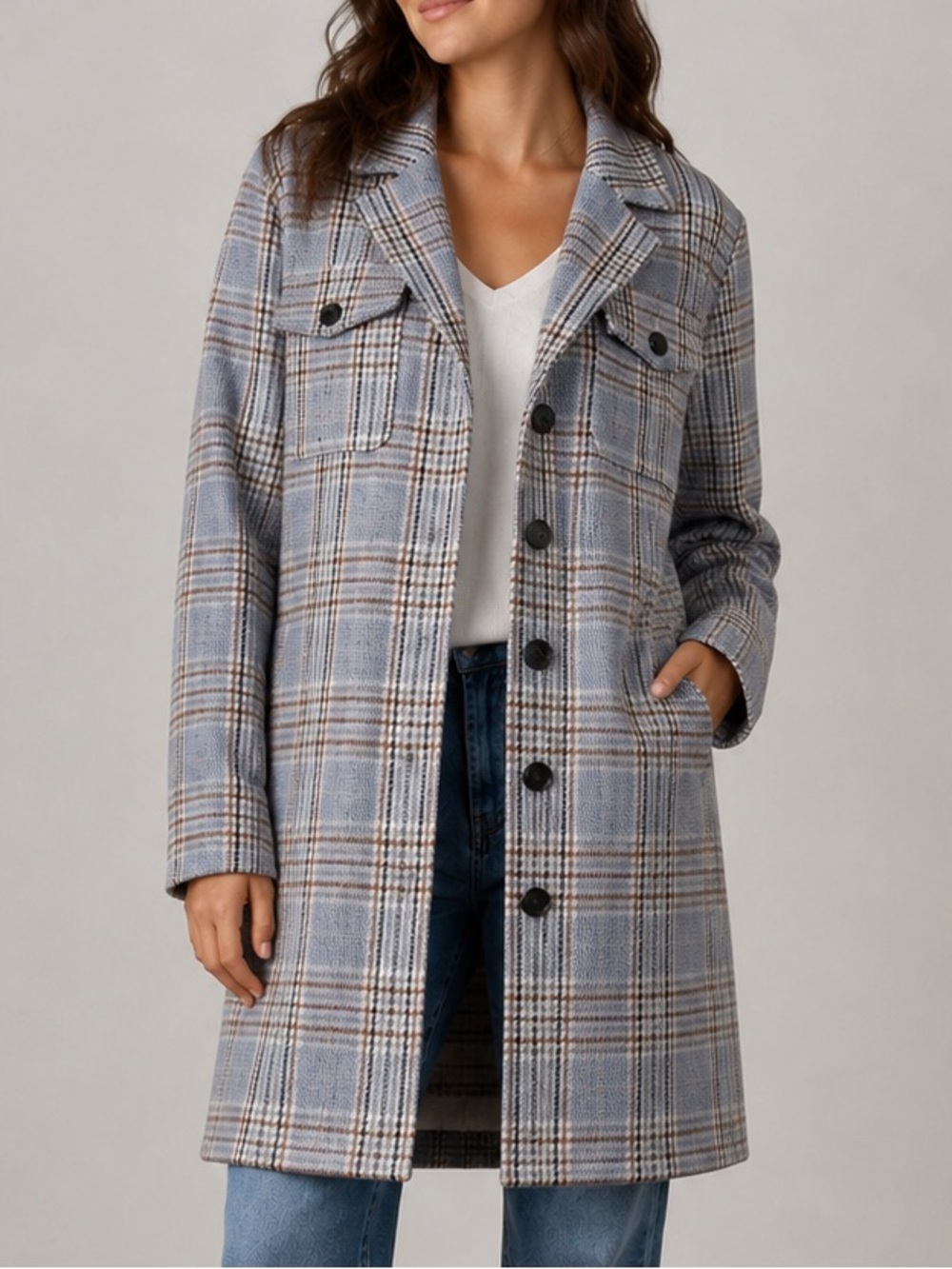 Tribal Jeans Plaid Shacket Jacket Blue Gray Wool Blend Women’s Large
